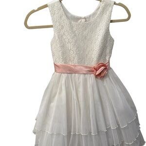 Jona Michelle White Lace Dress with Pink Sash